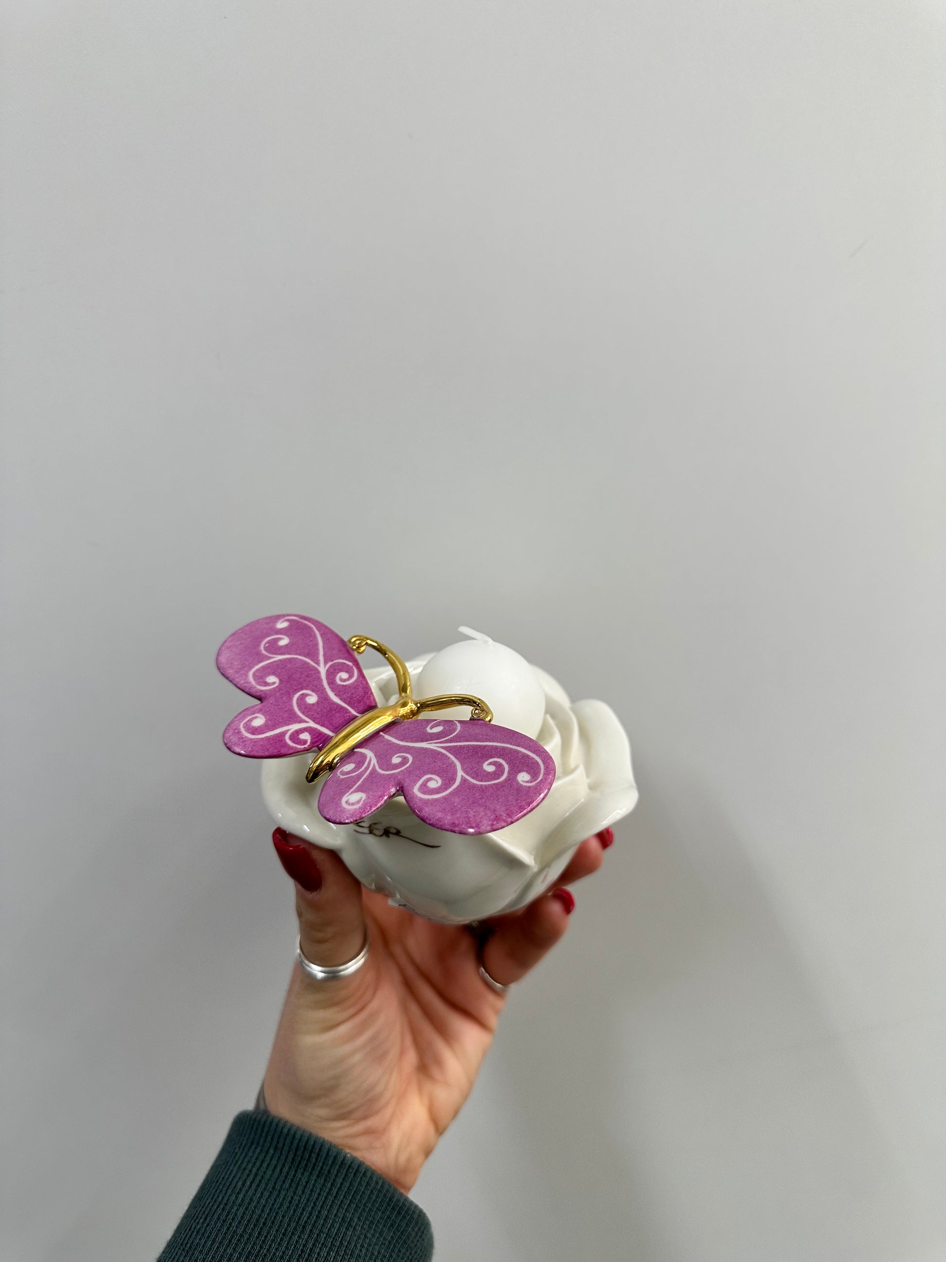 CANDELA ROSA CON FARFALLA VIOLA CERAMICA DI CAPODIMONTE