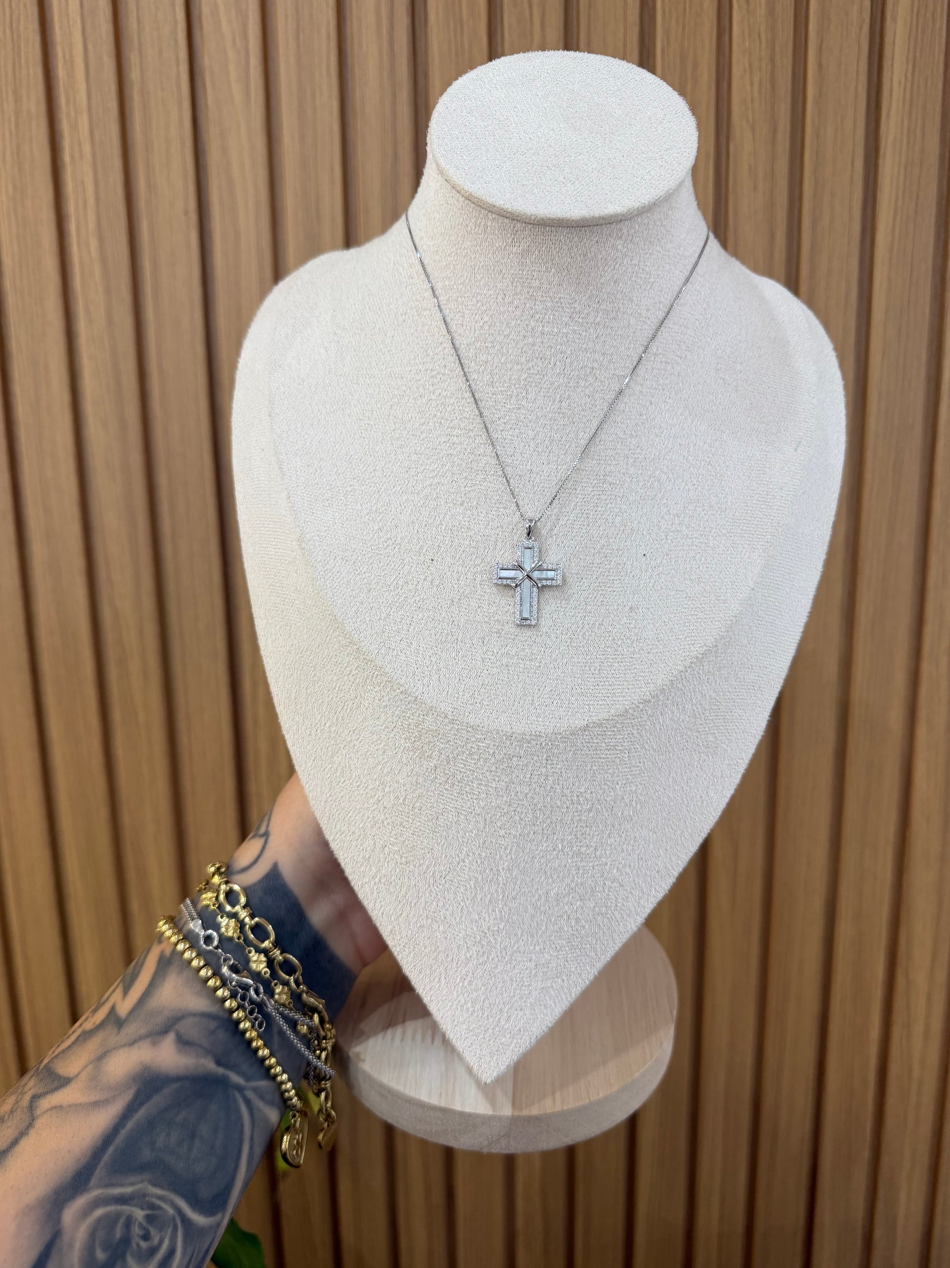 COLLANA ARGENTO 925 CROCE MADREPERLA