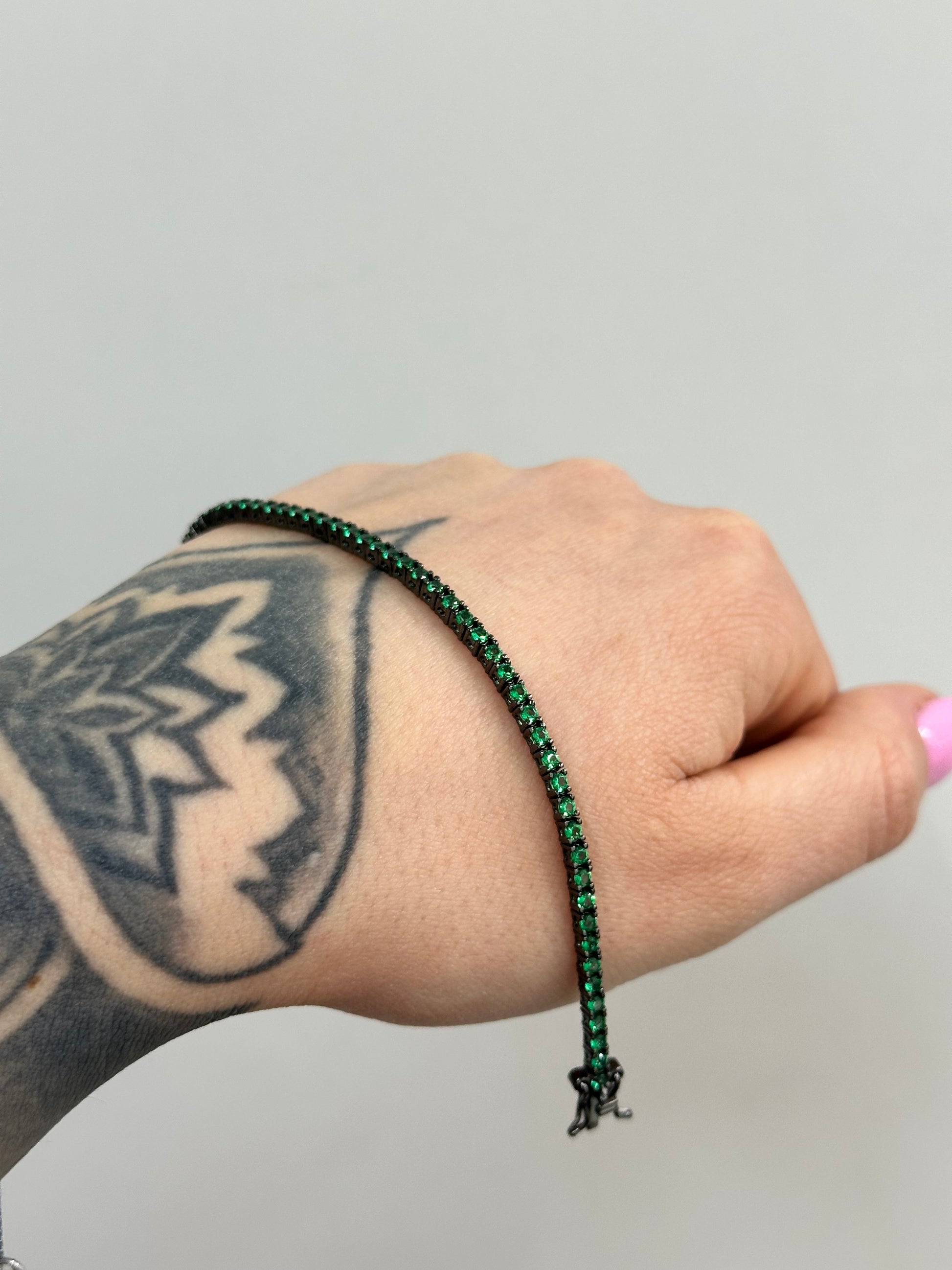 BRACCIALE TENNIS BLACK AND GREEN ARGENTO