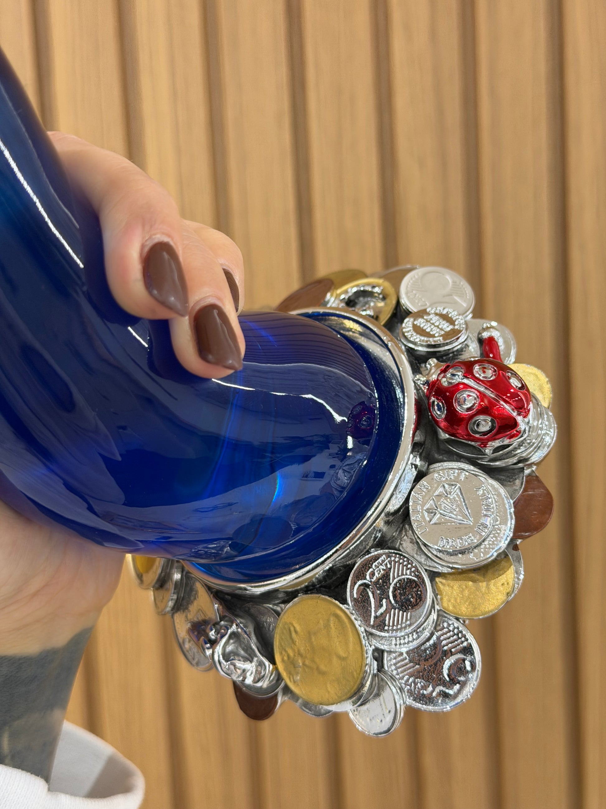 CORNO PORTAFORTUNA BLU CON MONETE