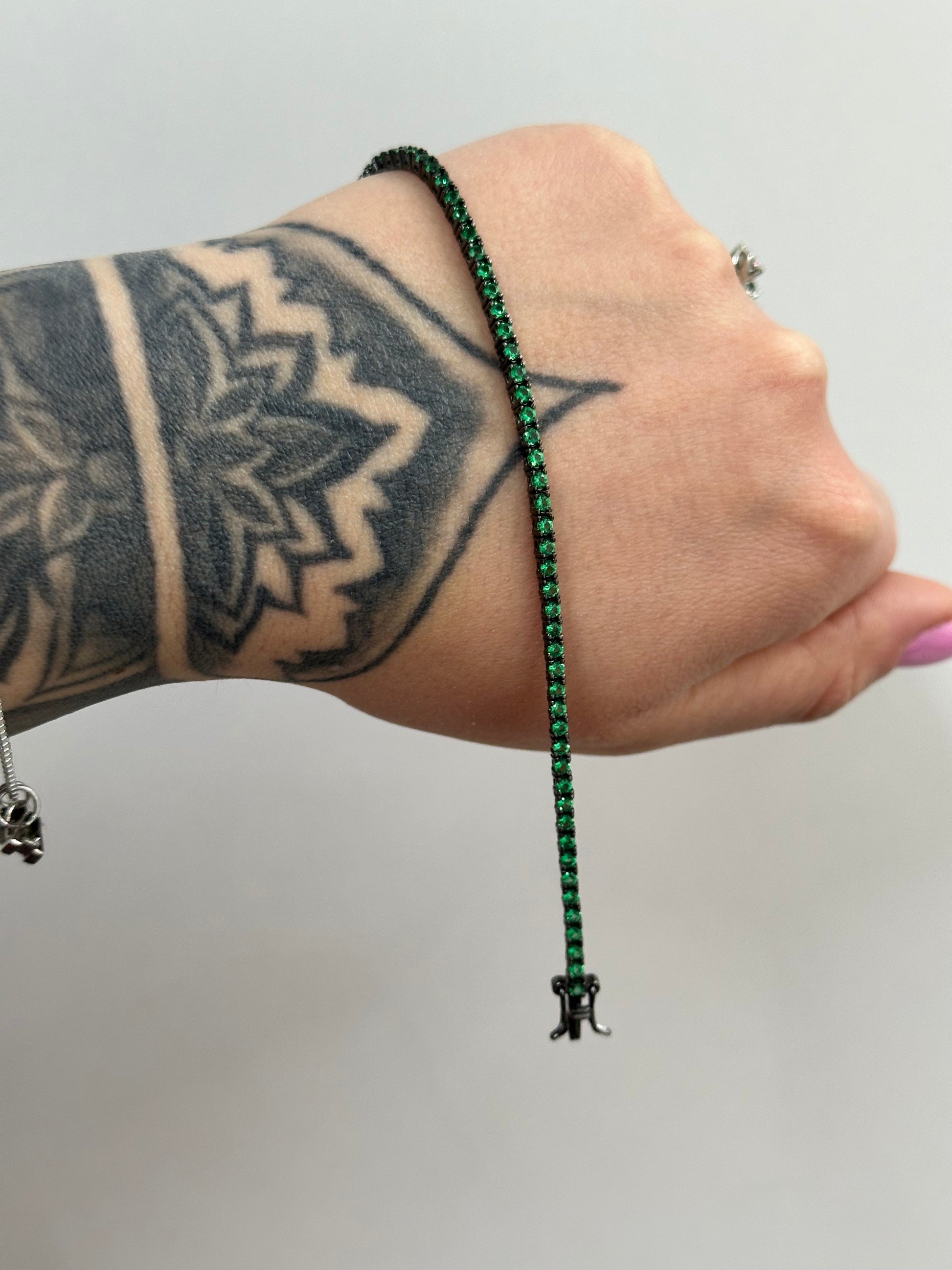 BRACCIALE TENNIS BLACK AND GREEN ARGENTO