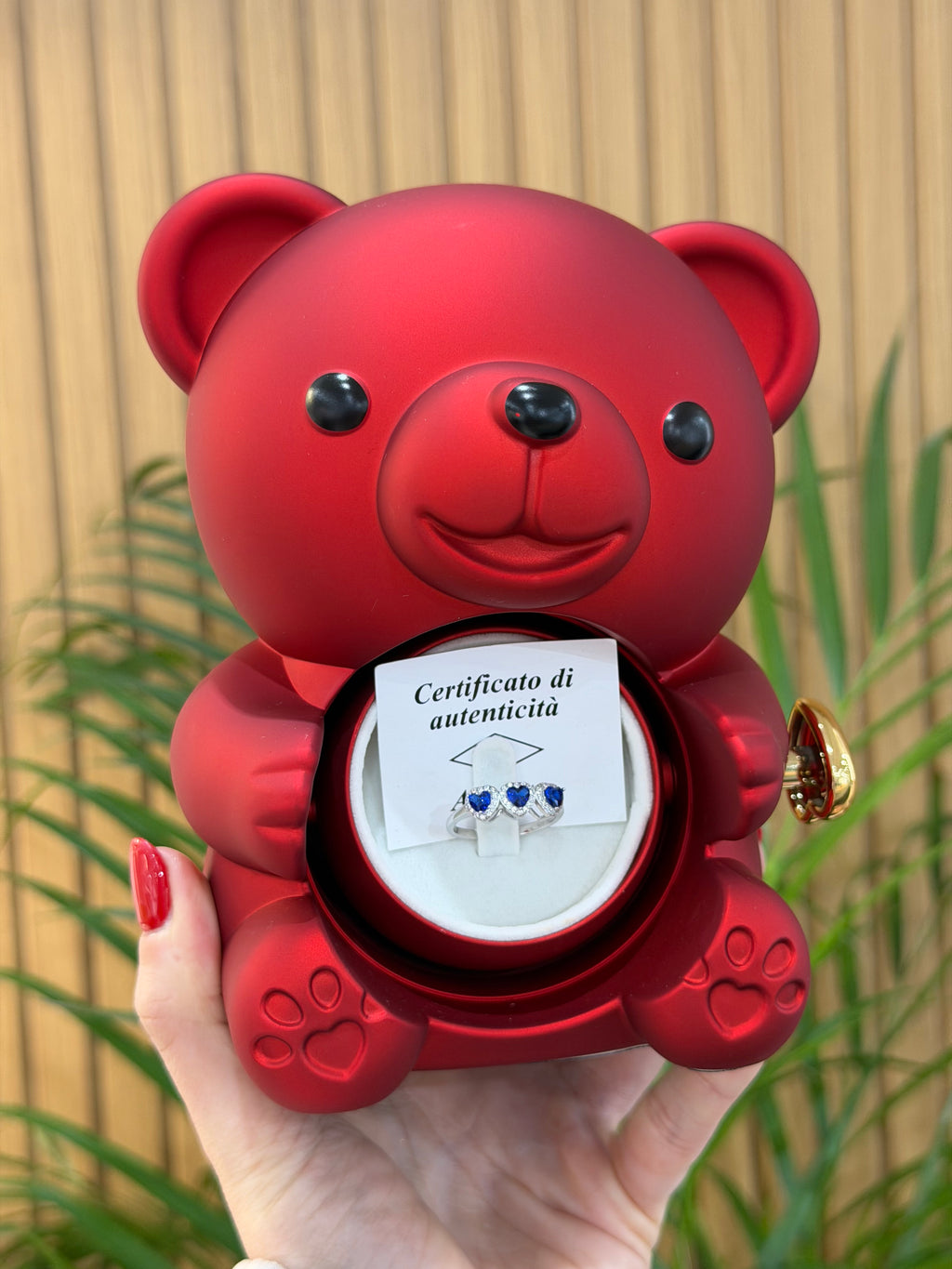 BOX TEDDY CON ANELLO 3 CUORI BLU ARGENTO 925