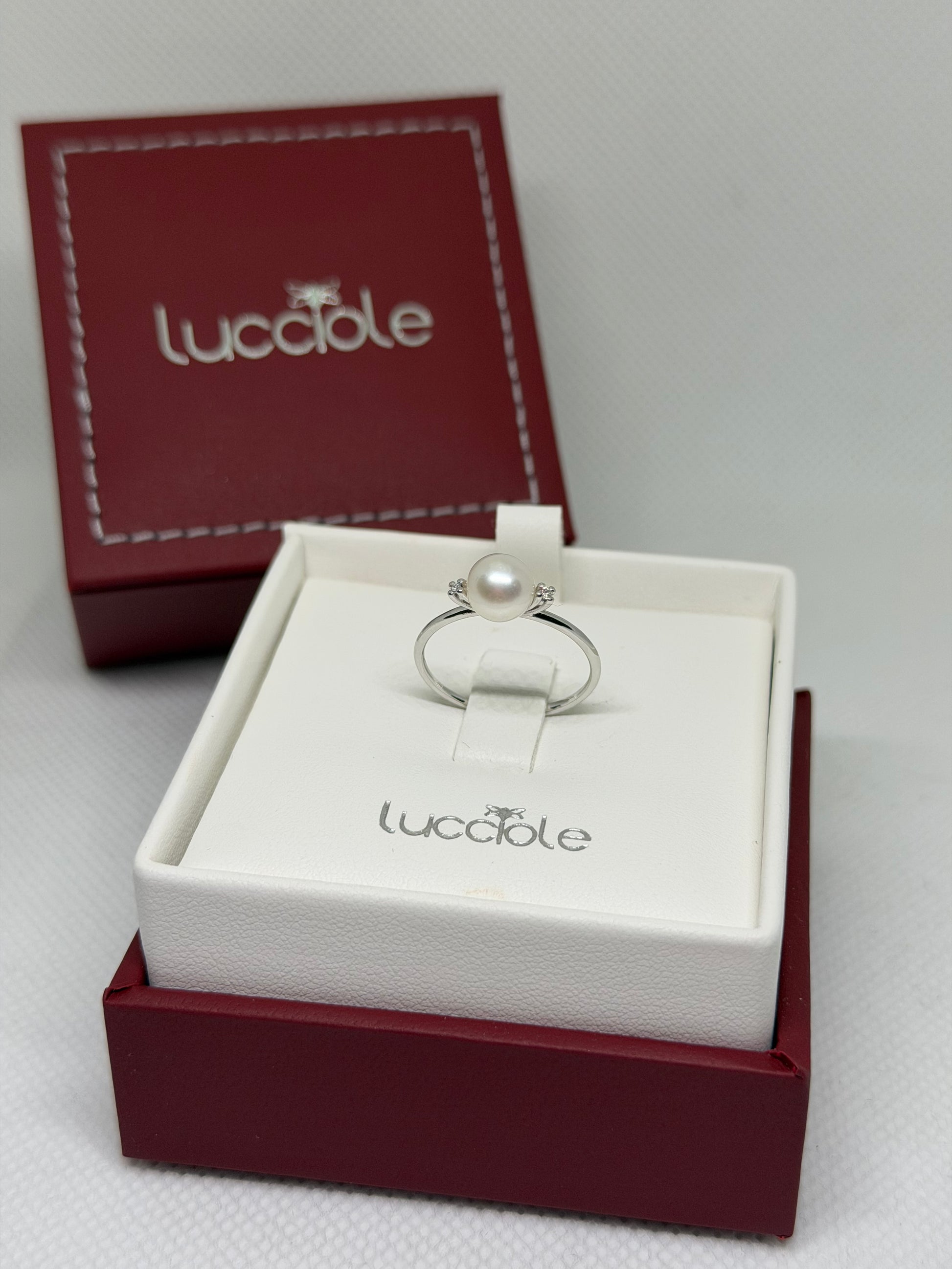ANELLO ORO 9 CARATI CON PERLA BIANCA ORIGINALE E DIAMANTI LUCCIOLE