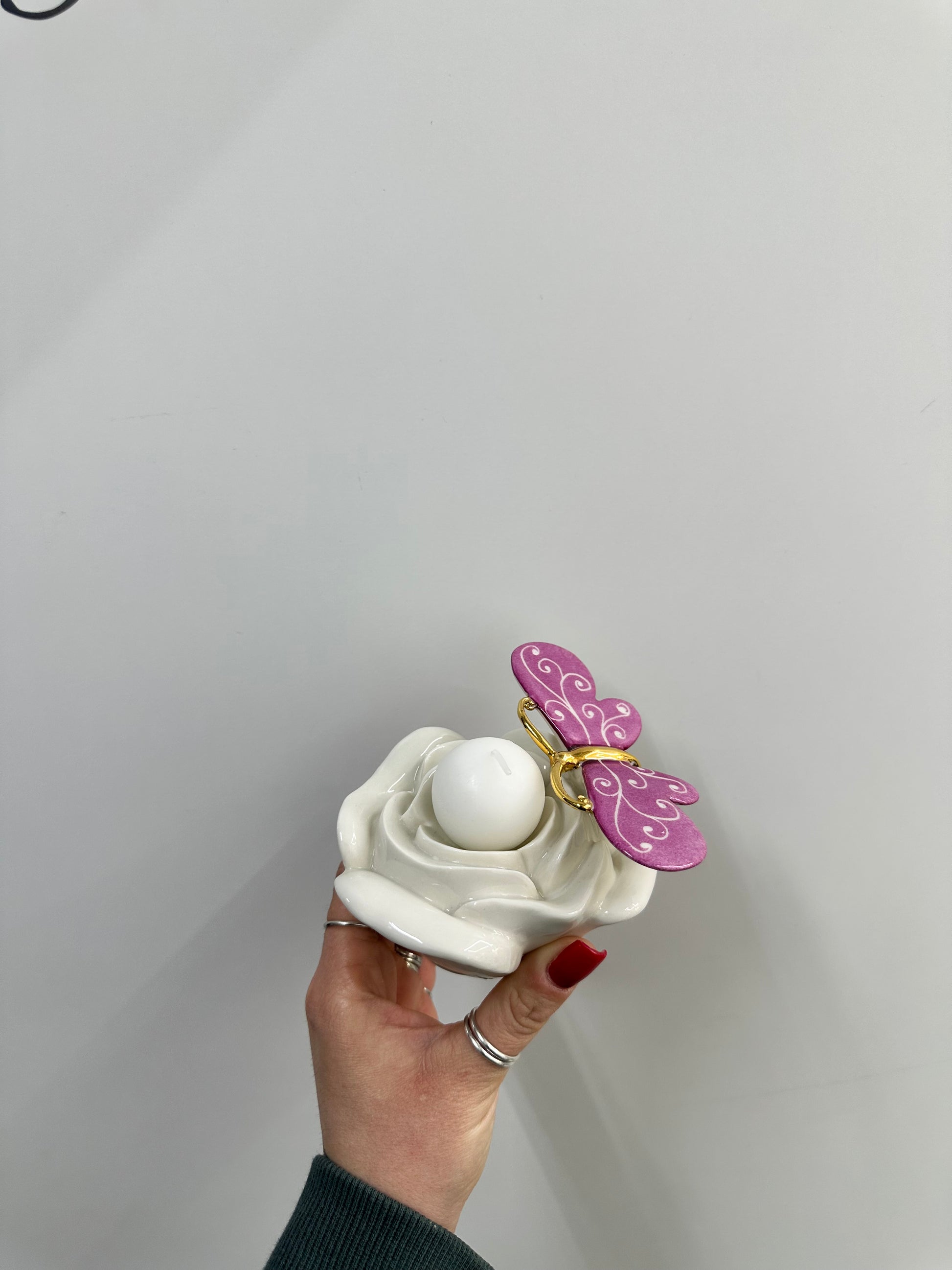 CANDELA ROSA CON FARFALLA VIOLA CERAMICA DI CAPODIMONTE