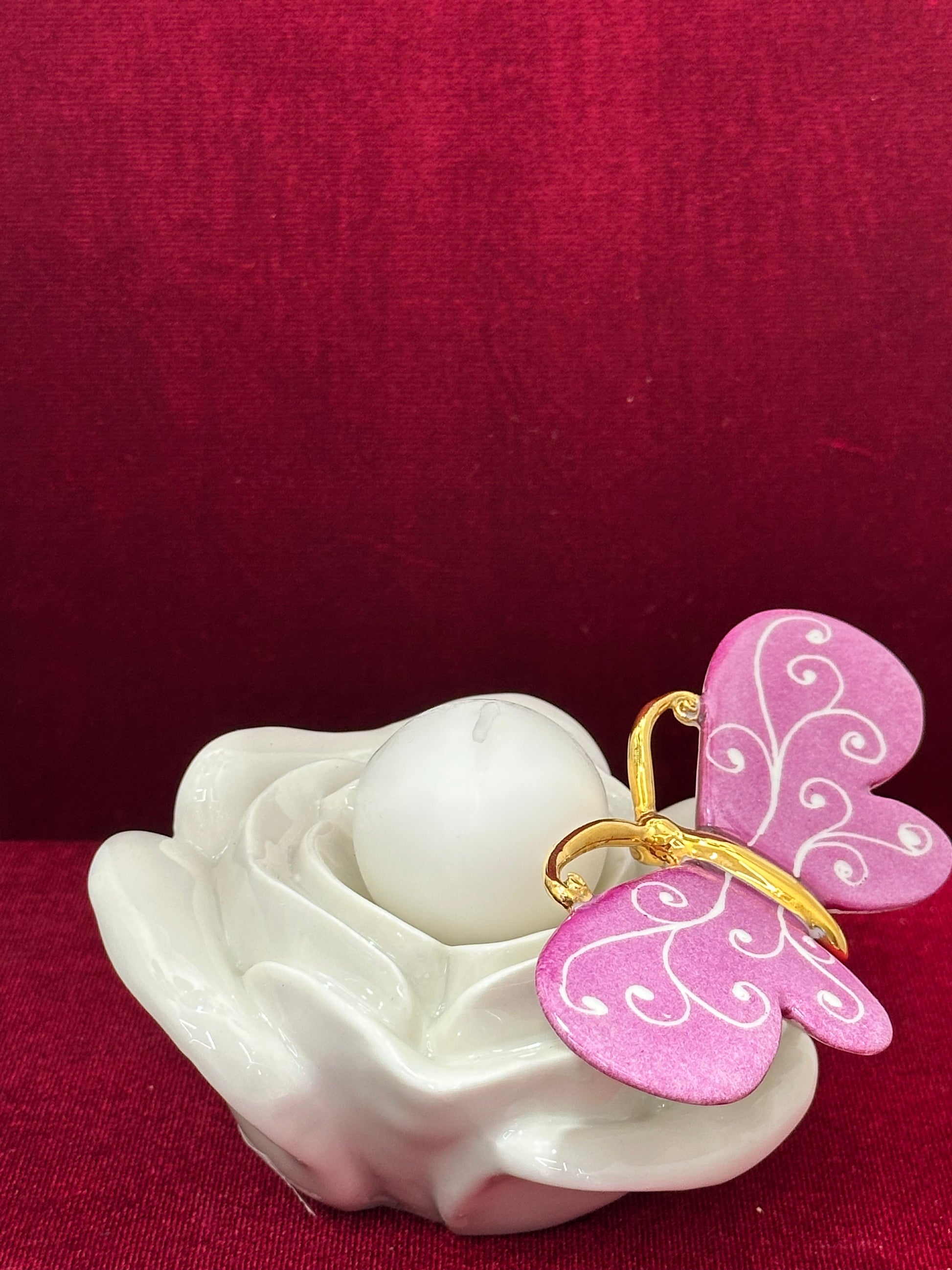 CANDELA ROSA CON FARFALLA VIOLA CERAMICA DI CAPODIMONTE