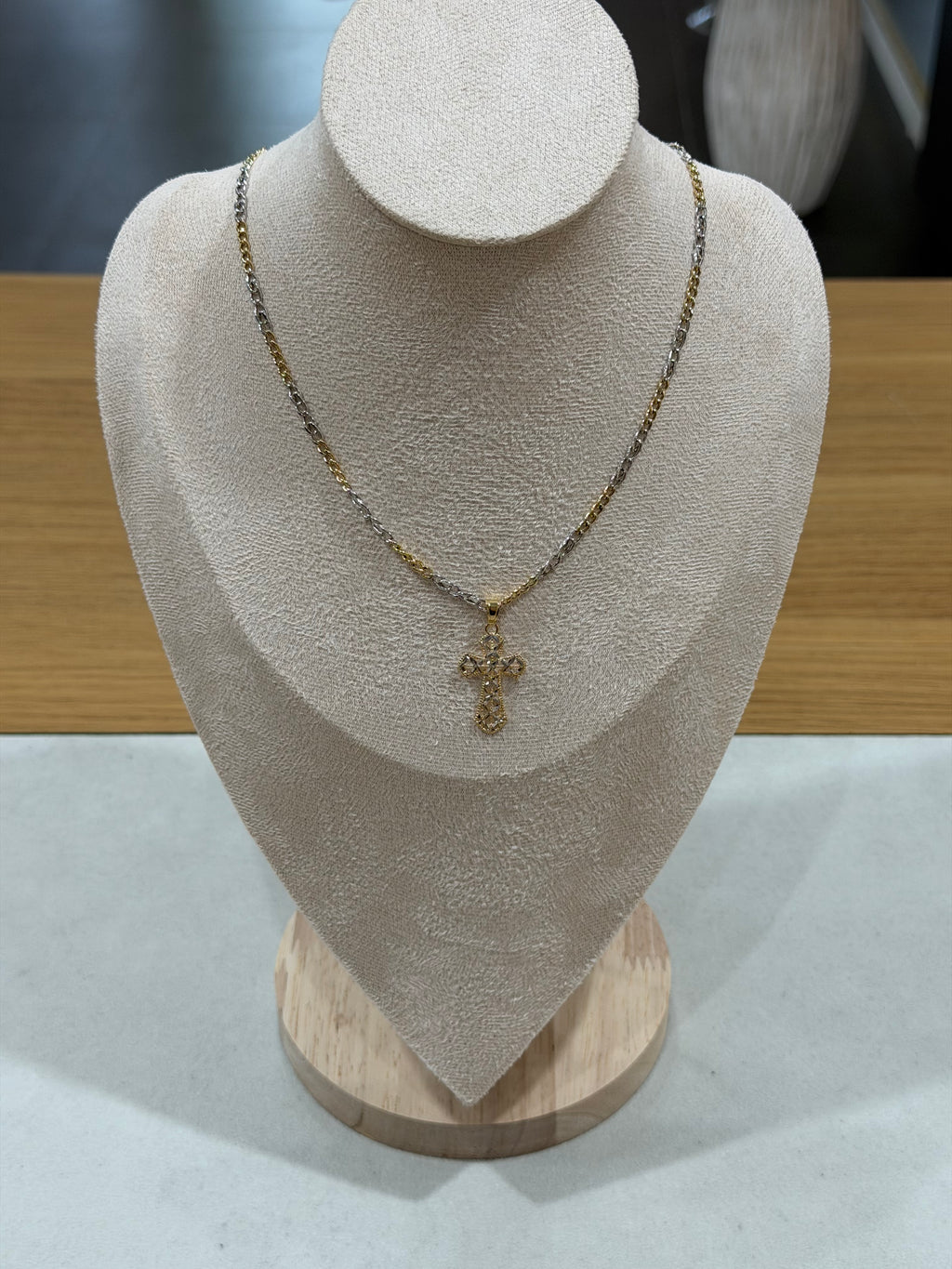 COLLANA BICOLORE ORO 18KT CON CROCE