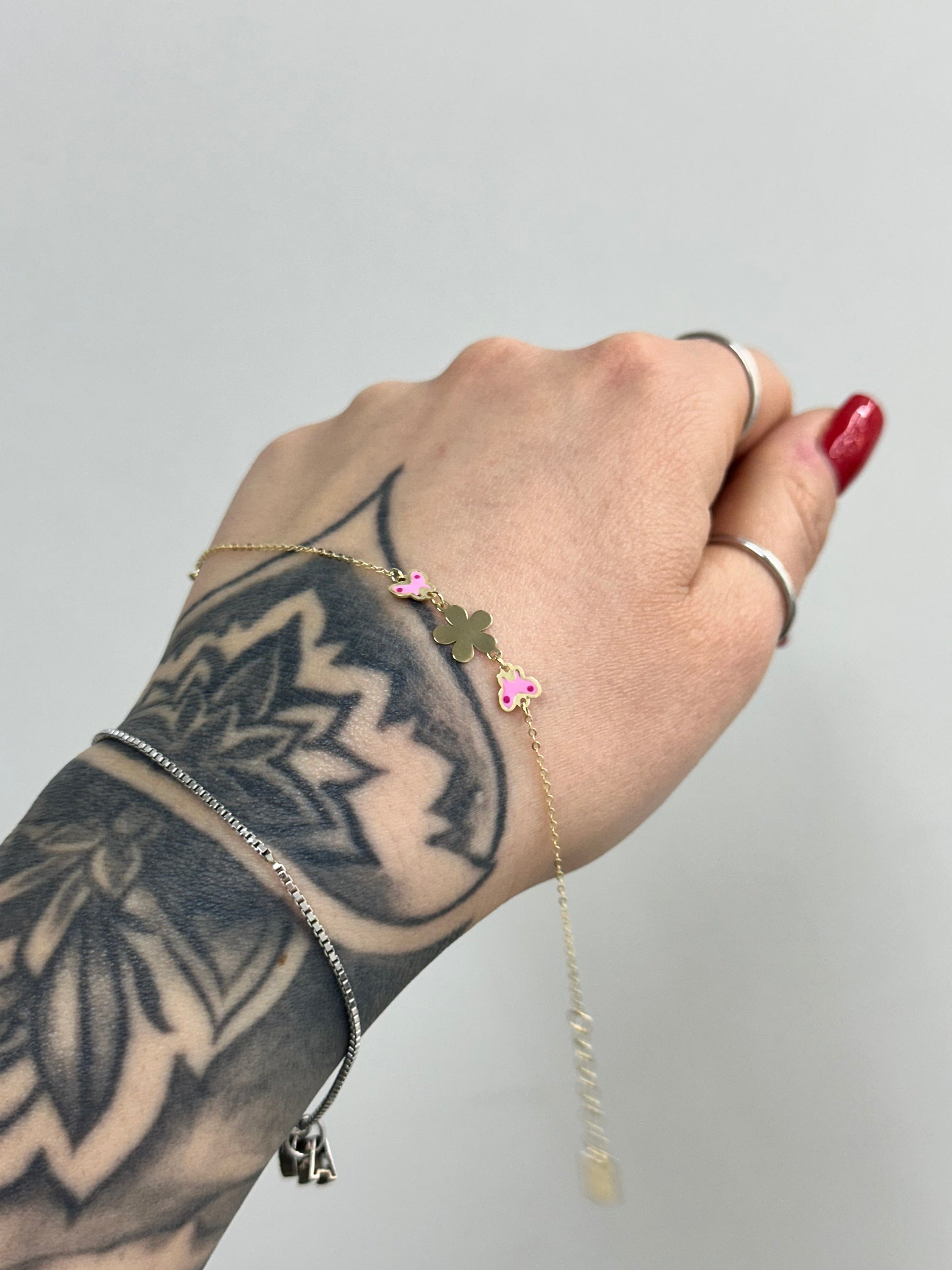 BRACCIALE BIMBA CON FIORE E FARFALLE SMALTATE ORO 9 CARATI