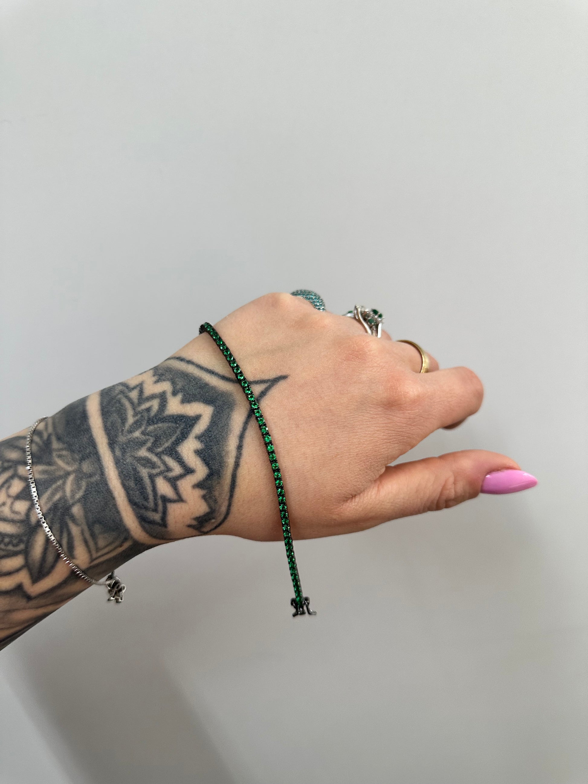 BRACCIALE TENNIS BLACK AND GREEN ARGENTO