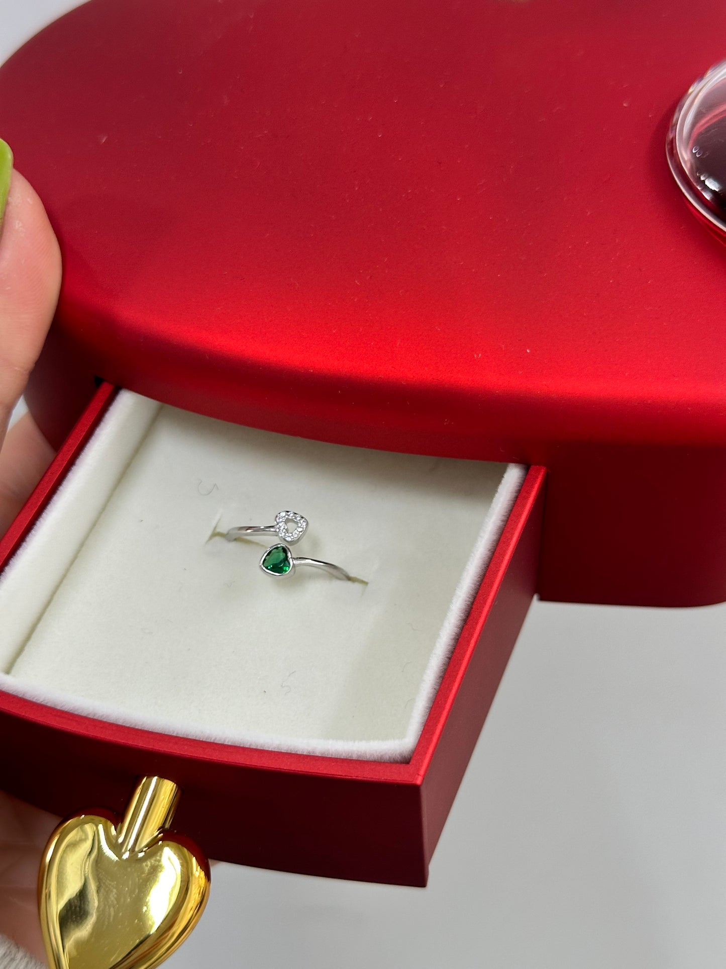 BOX CUPIDO CON ANELLO DOPPIO CUORE ARGENTO GREEN