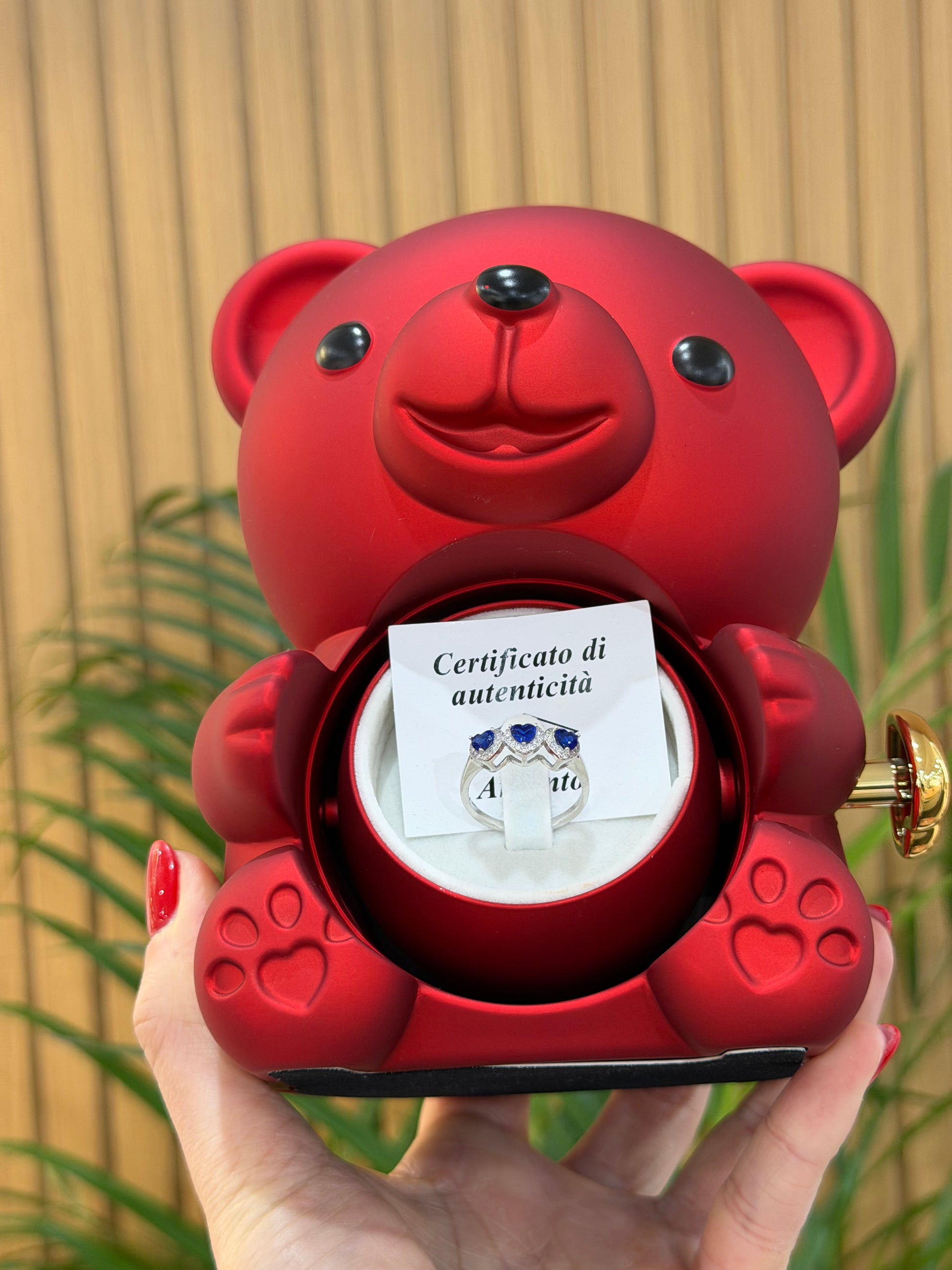 BOX TEDDY CON ANELLO 3 CUORI BLU ARGENTO 925