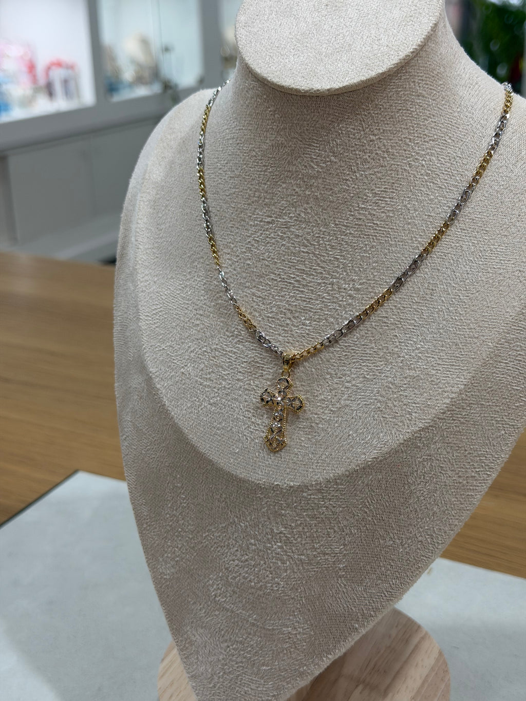 COLLANA BICOLORE ORO 18KT CON CROCE