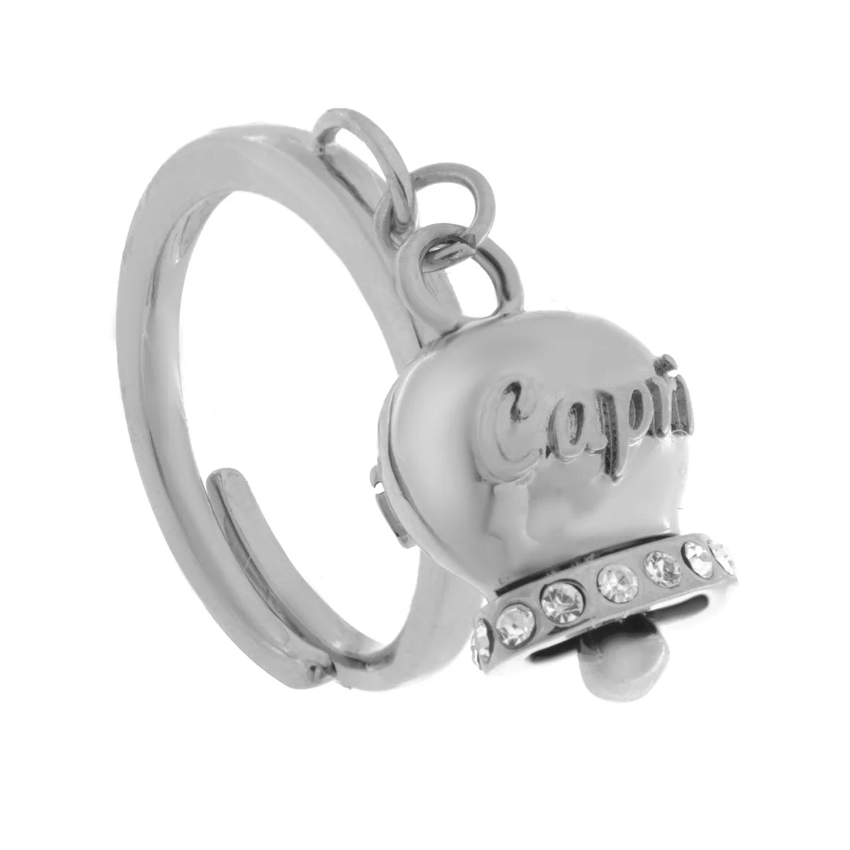 ANELLO IN ACCIAIO CON CAMPANELLA E LOGO AMO CAPRI
