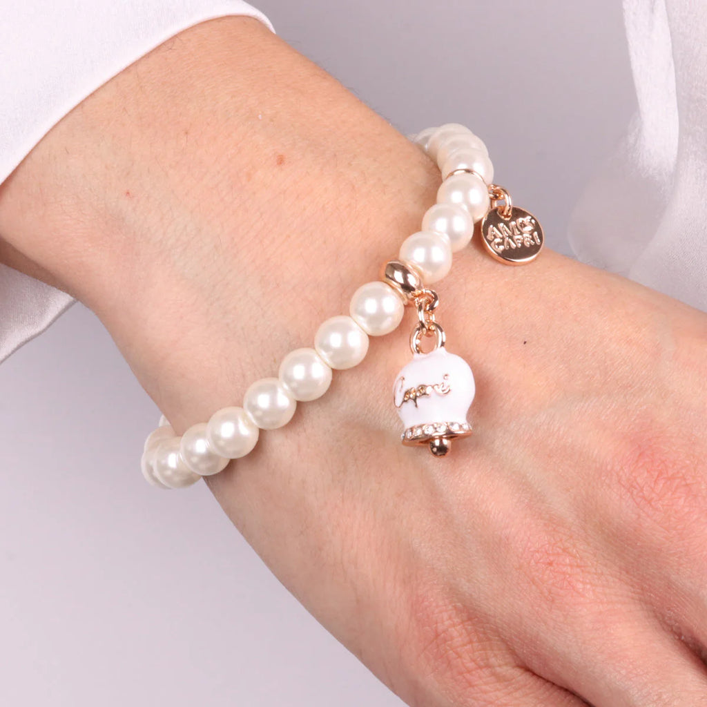 BRACCIALE IN METALLO CON PERLE E CAMPANELLA BIANCA AMO CAPRI