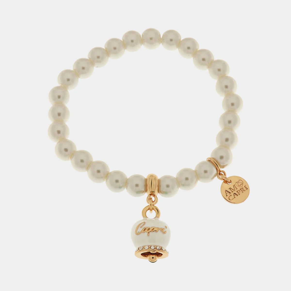 BRACCIALE IN METALLO CON PERLE E CAMPANELLA BIANCA AMO CAPRI
